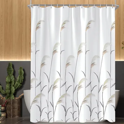 Produktbild von Duschvorhang 240x200cm, beschwerter Saum mit Weizenährenmotiv, schimmelresistent, wasserabweisend, waschbar, aus Polyestergewebe, mit Ösen und 14 Duschvorhangringen für Badezimmer und Badewanne.