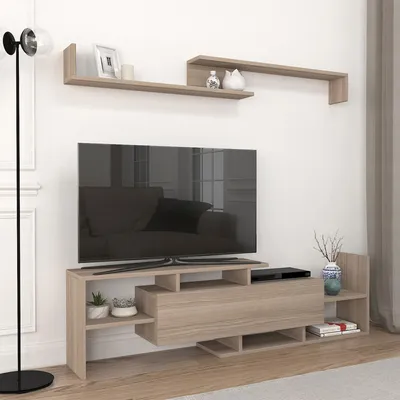 Produktbild von Fernsehschrank 'Liksefte' mit Wandregal TV Lowboard 154 x 28 x 42 cm mit Stauraum Eicheoptik