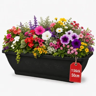 Produktbild von BigDean 1x Blumenkasten mit abnehmbarem Untersetzer - Anthrazit 50 cm lang aus bruchsicherem Kunststoff - Pflanzkasten mit Wasserspeicher