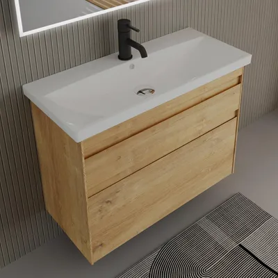Produktbild von Alpenberger Badmöbel mit Keramik Waschbecken und Unterschrank - Softclose - Vormontiert - Hängender Waschtisch - 60/80/100/120 cm