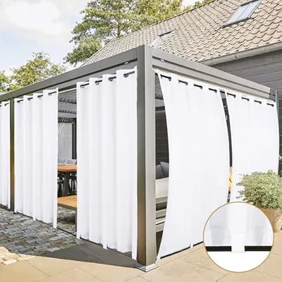 Produktbild von 4 Stücke Outdoor Vorhang Wetterfest mit Ösen, Outdoorvorhänge Balkon Vorhang Terrasse Vorhänge Outdoor Gardinen Sonnenschutz & Sichtschutz Vorhänge mit Schlaufen Unten, H213 x B132 cm, Weiß