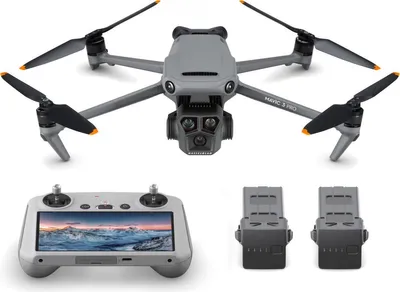 A DJI Mavic 3 Pro drone, its remote controller, and two batteries are displayed against a white background.