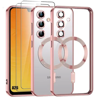 Image de Coque + 2 Verres Trempés pour Samsung Galaxy A26 5G, Protection avec Cercle Magnétique et Film Caméra - Rose