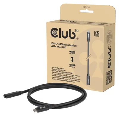 Produktbild von CLUB3D USB-C® 40Gbps Verlängerungskabel 1 m, 1 m, USB C, USB C, Schwarz