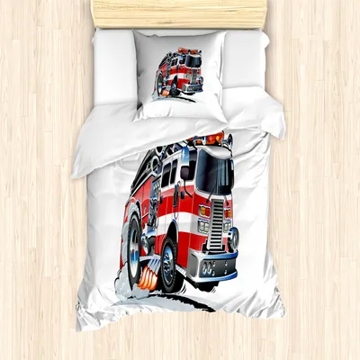 Produktbild von ABAKUHAUS Lastwagen Mantele, Feuerwehr LKW, Milbensicher Allergiker geeignet mit Kissenbezügen, 135 cm x 200 cm - 80 x 80 cm, Baby Blue Scarlet