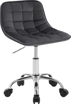 A dark gray office stool with a tufted seat and a chrome base with wheels, isolated on a white background.