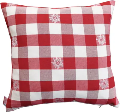 Produktbild von Kissenbezug Karo mit Edelweiß in Rot | 1 Stück Zierkissen 40 x 40 cm passend zur Landhaus-Serie | Langlebiger Kissenbezug rot-weiß kariert | Dekokissen aus Webstoff mit Motiv