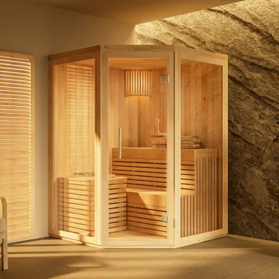 Produktbild von FinnTherm Innensauna Ylva, Ecksauna mit Glasfront, 68 mm Wandstärke, 2 Personen