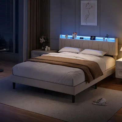 Immagine prodotto di Letto matrimoniale ProximaX 140x200 cm, beige, con illuminazione LED, prese USB e di tipo C, struttura imbottita con testiera contenitore e rete a doghe