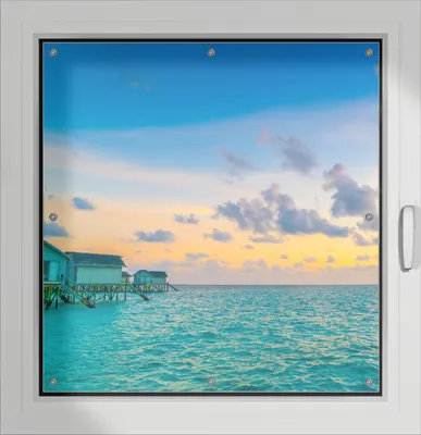 Produktbild von Wallario Lichtschutzbild, Dekorativer Sichtschutz Sonnenschutz 96 x 93 cm mit Motiv: Wasserhäuser auf den Malediven - Verdunklung ohne Bohren