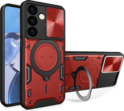 Produktbild von Handyhülle für Samsung Galaxy S24 Dual-Layer Stoßfest Rüstung Hülle mit Dia Kameraschutz und Kreisförmig Ring Ständer Rot