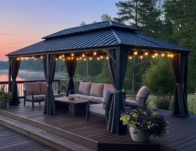 Produktbild von PURPLE LEAF Economy Hardtop Pavillon 6x3,65 m wasserdicht, winterfest und stabil für den Garten, Grau,mit Beleuchtung