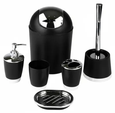 Produktbild von 6tlg Badset Badezimmer Zubehör Set Organizer: (Schwarz Design 1) Seifenspender, Zahnputzbecher, Kosmetikeimer, WC Bürste, Seifenschale, Mülleimer