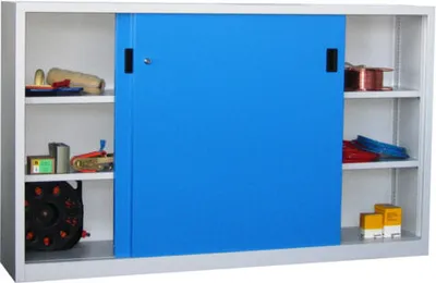 Produktbild von Schiebetürenschrank - Vollblechtüren - 1.200x2.000x600 mm (HxBxT) - 4 Böden, gepulvert - Zylinderschloss - lichtblau/anthrazitgrau