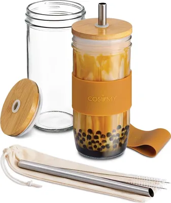 Produktbild von Cosumy Bubble Tea Becher mit Strohhalm und Bambusdeckel - 2er Set Glasbecher - 720ml - Wiederverwendbar - Spülmaschinenfest