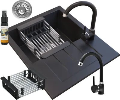 Immagine prodotto di Granitan - Lavello in granito - Lavello da cucina - 57x46 cm - Nero - con rubinetteria BETA e scolapiatti - MILANO