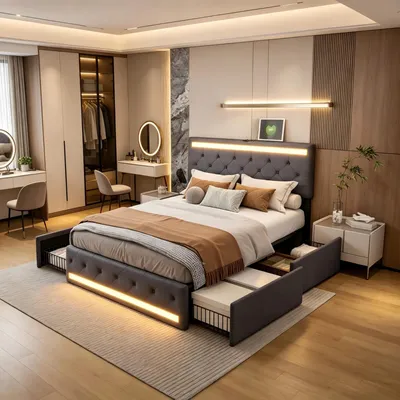 Produktbild von INONEFT Polsterbett 180x200 cm mit LED, USB-Ladefunktion und höhenverstellbarem Kopfteil, Doppelbett mit Lattenrost und Stauraum, Leinen, Grau