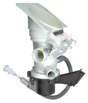 A white washing machine drain pump assembly with a black motor base and grey hoses, set against a white background.