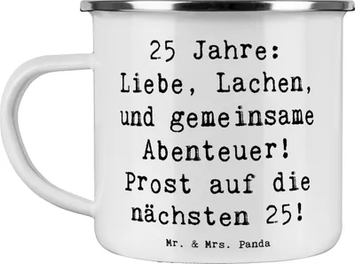 Produktbild von Mr. & Mrs. Panda Teetasse Spruch 25. Hochzeitstag Silberne Hochzeit - Weiß - Geschenk, Pott, unvergesslich, Geschenke, Blechtasse, Emailletasse, Liebe, Heiraten, Paar