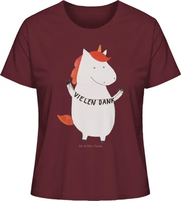 Produktbild von Mr. & Mrs. Panda Basic Shirt Damen Einhorn Dankeschön Größe M - Burgundy - Geschenk, Kurzarmshirt, Oberteil, Einhörner, Mit Print, T-Shirt, Danksagung, Vielen Dank, Danke