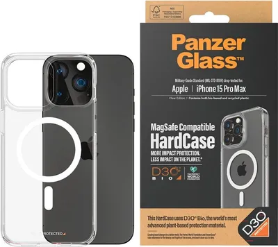 A clear phone case and its packaging are shown side-by-side.