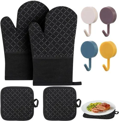 Obrázok produktu pre Sada odolných bavlnených rukavíc do rúry značky Unyqoos® na varenie, pečenie a grilovanie – 1 pár (30 cm), 2 izolačné podložky (17,5 x 17,5 x 1 cm), 4 háčiky, čierna farba, odolnosť do 260 °C