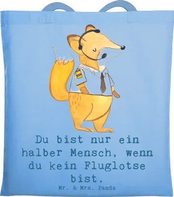Produktbild von Mr. & Mrs. Panda Tote Bag Fluglotse Herz - Sky Blue - Geschenk, Laptoptasche, Ausbildung, Tasche, Jutebeutel, Lustig, Schultasche, Spruch, Baumwolltasche