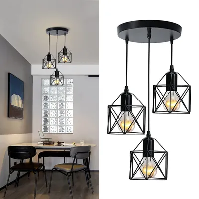 Obrázek produktu pro EMKE závěsná lampa 3 světla lustr vintage závěsná lampa retro závěsná lampa stropní lustr černé stínidlo pro E27 obývací pokoj kavárna 1 sada