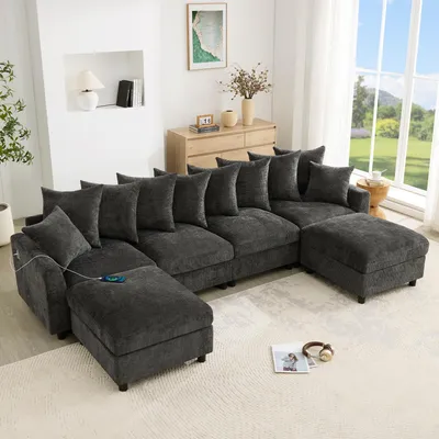 Immagine prodotto di Divano angolare modulare a forma di U, 6 posti, con 2 poggiapiedi, porta USB di tipo C, divano in chenille con molle insacchettate, colore grigio
