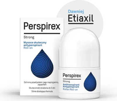 A product shot of a Perspirex Strong antiperspirant roll-on and its packaging.