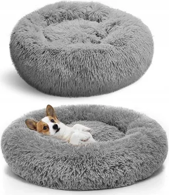 A fluffy grey dog bed shown from two angles, one empty and one with a small dog lying in it.