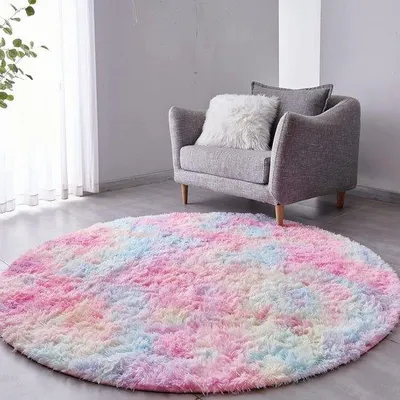 Obrázek produktu pro Kulatý koberec do obývacího pokoje s vysokým vlasem, měkký – 150 cm, duhový koberec