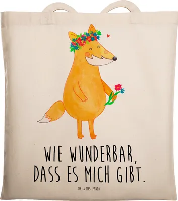 Produktbild von Mr. & Mrs. Panda Jutebeutel Fuchs Blumen - Transparent - Geschenk, Liebe, einkaufsshopper, Tasche, Shopping, Tote Bag, Boho, Selbstbewusst, totebag, Blume, Beutel