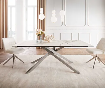 Produktbild von DELIFE Esstisch Edge 200x100 Keramik Calacatta Luxe Weiß-Gold-Grau Kreuzgestell Rechteck Edelstahl