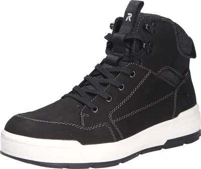A black high-top boot with a white sole is shown against a white background.