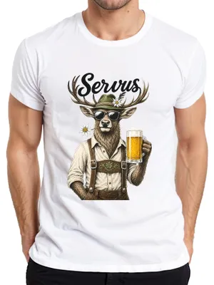 Productafbeelding van Servus Hirsch, traditionele lederen broek, bier, , Dirndl, Wiesn, Alm, heren T-shirt, wit, maat XL