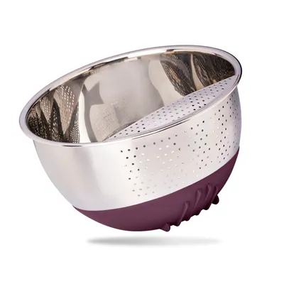 Produktbild von Reishunger Reis Waschschüssel aus Edelstahl (Aubergine) - Sieb zum Waschen von Reis und Gemüse - Mit rutschfestem Silikonfuß