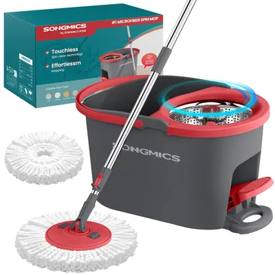 Produktbild von SONGMICS Wischmopp-Set mit Eimer, Bodenwischer mit Schleuder, Putzeimer mit Pedal und Auswringfunktion, Teleskopstiel 122,5-150 cm, 360°-Drehkopf, 1 Mikrofaserbezug, grau-rot LMB002GT01