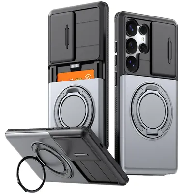 Image de Coque de téléphone avec compartiment pour cartes pour Samsung Galaxy S25 Ultra, protection coulissante pour l'appareil photo, support avec anneau, coque de protection antichoc, couleur grise