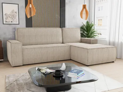Produktbild von Ecksofa Totti L mit Schlaffunktion und Bettkasten - Cord Stoff - L-Form Couch, Polstersofa, Schlafsofa, Sofagarnitur (Beige (Poso 100) Seite: Rechts)