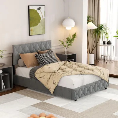 Image de okwish Lit boxspring rembourré 140x200 cm avec tête de lit capitonnée, espace de rangement hydraulique et sommier, lit double moderne, gris clair, sans matelas