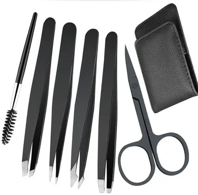 Produktbild von 6-teiliges Epilier- und Augenbrauentrimmer-Set – Augenbrauentrimmer – Pinzetten-Set – Trimmer – 6-teiliges Set – Enthält 4 Epilierpinzetten, 1 Augenbrauenbürste und 1 Augenbrauenschere – Mit Aufbewahrungsbox – Für Damen und Herren – Schwarz