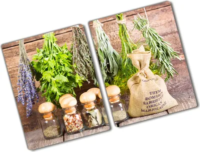 Produktbild von Tulup Glas Herdabdeckplatte - 2x40x52 cm - Glaskeramikkochfeld-Abdeckung Spritzschutz Glasabdeckplatte Kochplattenabdeckung und Schneidebrett - Zweiteilig - Essen & Getränke - Kräuter Schnur - Grün