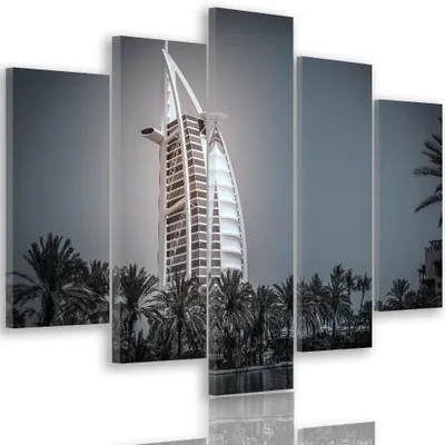 Produktbild von 5-teiliges leinwandbild modernes hotel in dubai 100x70 cm Feeby grau wandbild bereit zum aufhängen