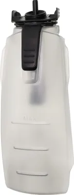 A close-up studio shot of a white plastic water tank with a black lid and handle.