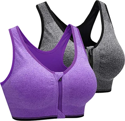 Produktbild von Sport-BH für Damen, mit Reißverschluss vorne, drahtlos, nach Operationen, BH Active Yoga Sport-BHs ,L,gray + fuchsia