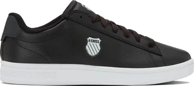 A side view of a black K-Swiss Court Shield II sneaker with a white sole.