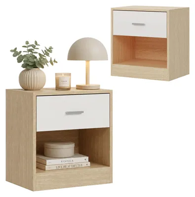 Produktbild von Relaxdays Nachttisch 2er Set, Schublade, offenes Fach, 41x39x28cm, Nachtschrank Schlafzimmer, Nachtkasten, natur-weiß