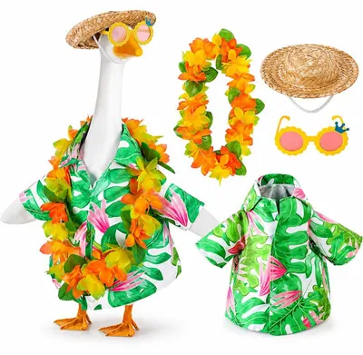 Produktbild von Lustiges Hawaii Gänsekostüm für Garten Gans, mit Hut, Sonnenbrille und Blumenkette für 43 und 58 cm Figuren