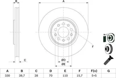 Produktbild von 2x BOSCH Bremsscheibe 0 986 479 F66 für JEEP CHEROKEE (KL) 39 7mm 330mm